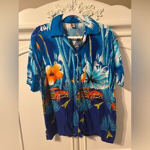 Caribbean Blue and Orange Casual Button Down Shirt with Tropical Print